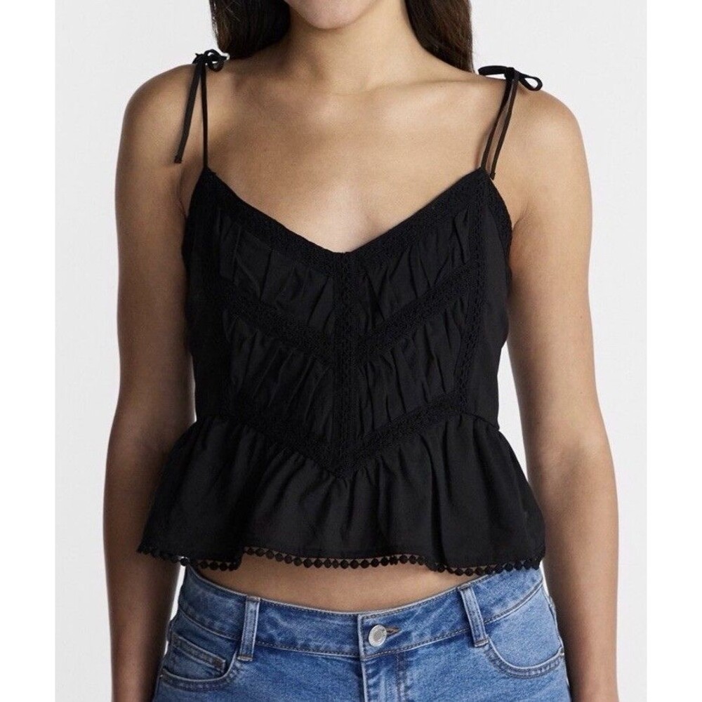 No Boundaries Babydoll Sz L Black Top Cotton Peplum Camisole Lace Trim Y2K Goth